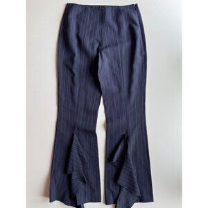 NWT SONIA RYKIEL Navy Blue Pinstripe Wool Silk Front Ruffle Slit Pants, Size S